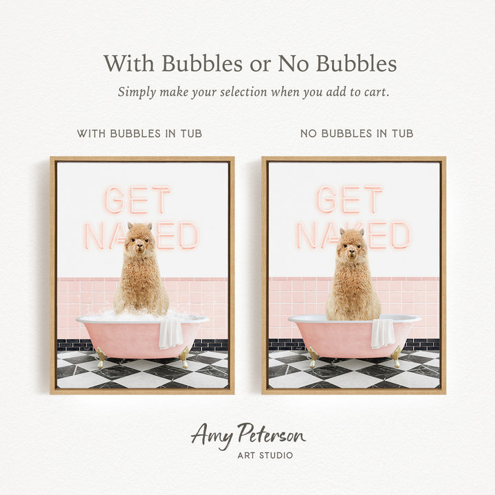 The image is a collage of two pictures featuring a dog sitting in a pink bathtub with the words "GET NAUNDER" written on it. The dog appears to be in a relaxed and playful mood, surrounded by bubbles. The collage is titled "With Bubbles or No Bubbles" and is presented by Amy Peterson from Art Studio.