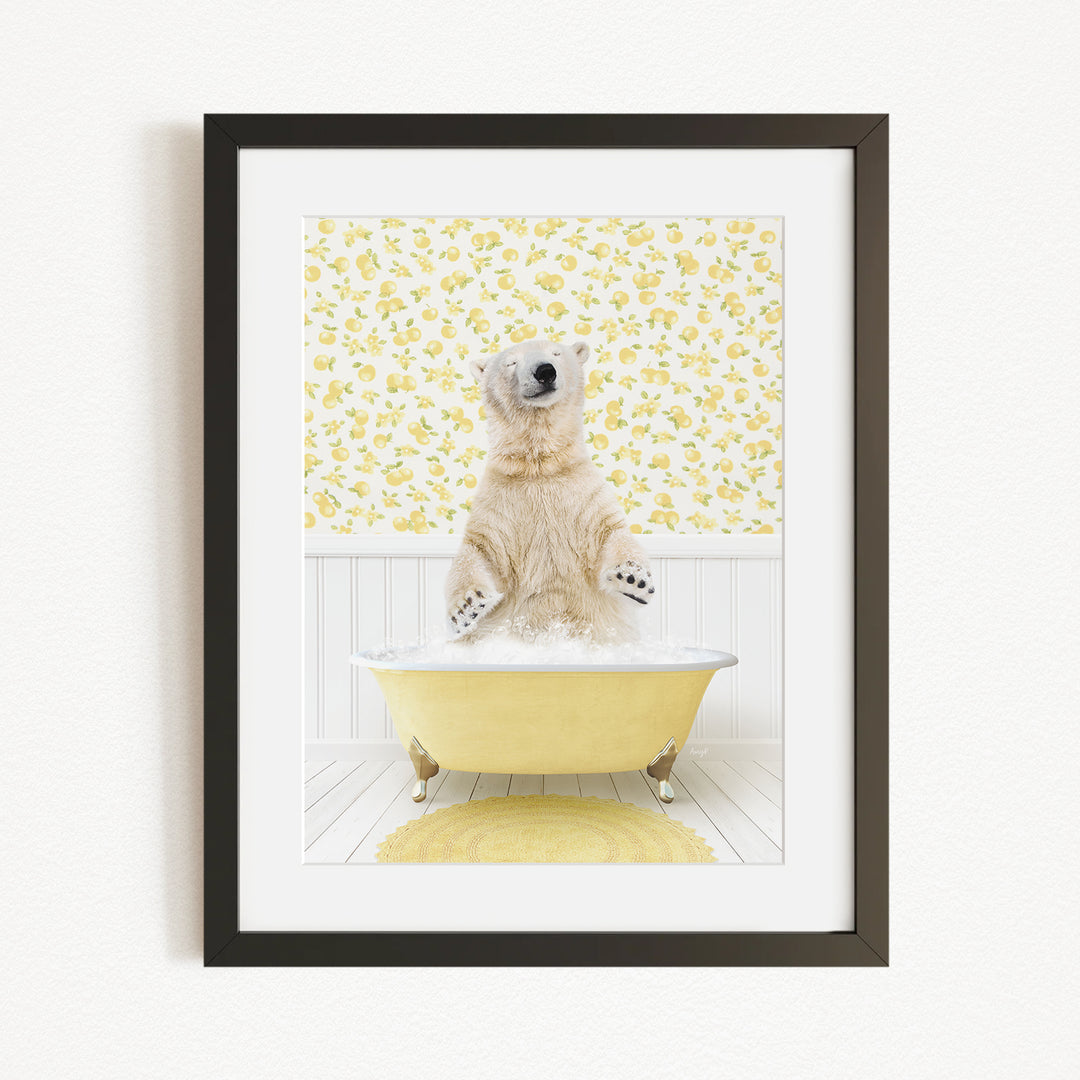 A polar bear sitting in a yellow bathtub, surrounded by a yellow floral pattern on the wall behind it.