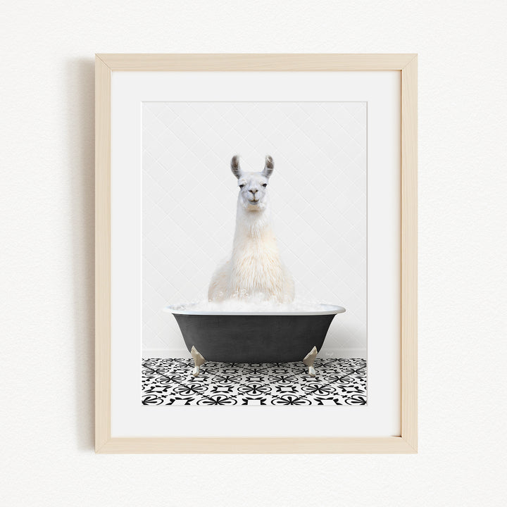 A white llama sitting in a black bathtub filled with bubbles, with a black and white patterned tile floor beneath it.
