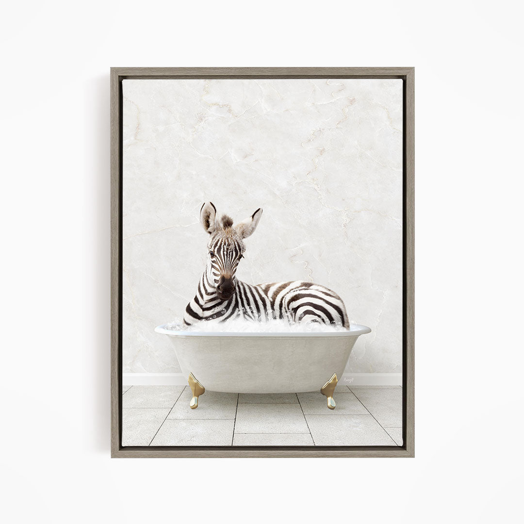 A zebra is sitting in a white bathtub, with its head resting on the edge of the tub.