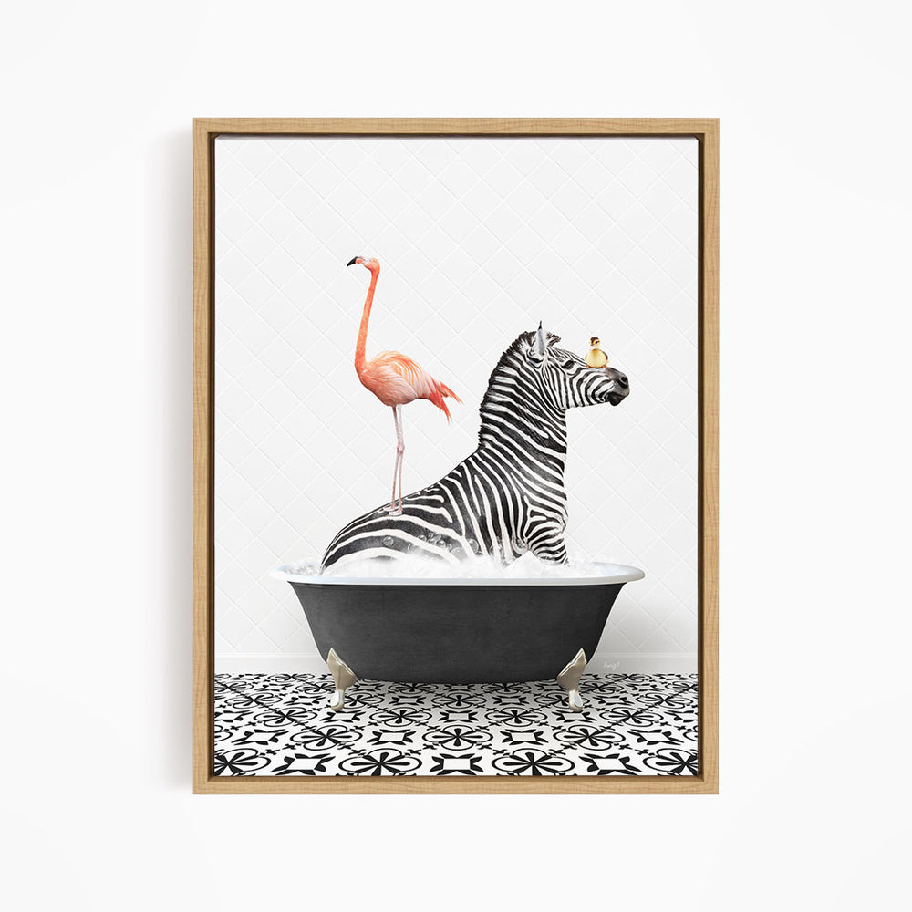 A framed image depicting a zebra sitting in a bathtub, with a flamingo standing on its back and a bird perched on its head.