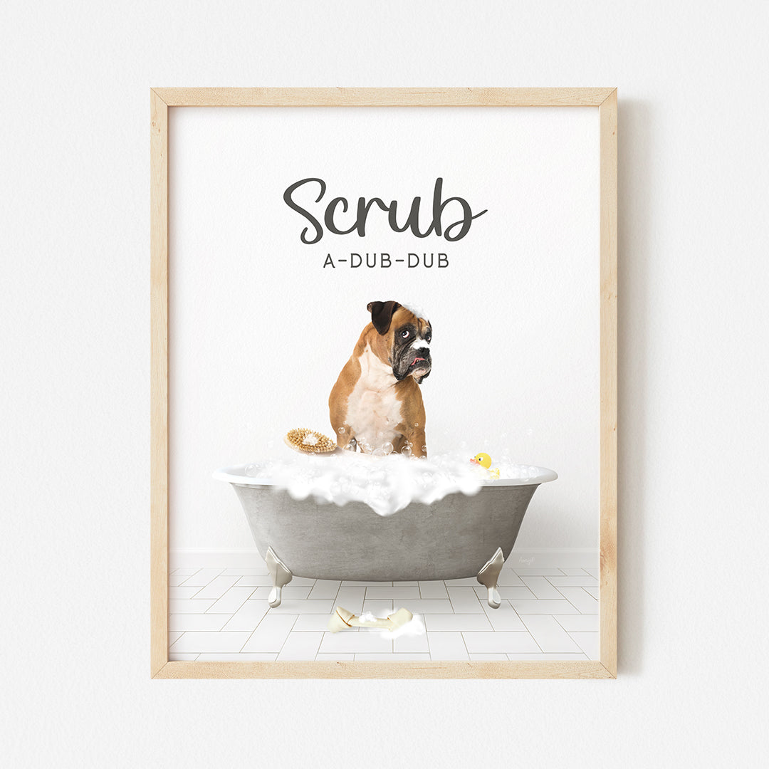 a dog sitting in a bathtub with the words scrub on it