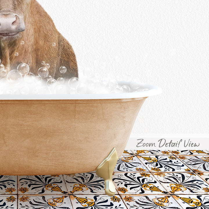 A brown dog is sitting in a bathtub filled with bubbles, with a patterned tile floor visible in the background.