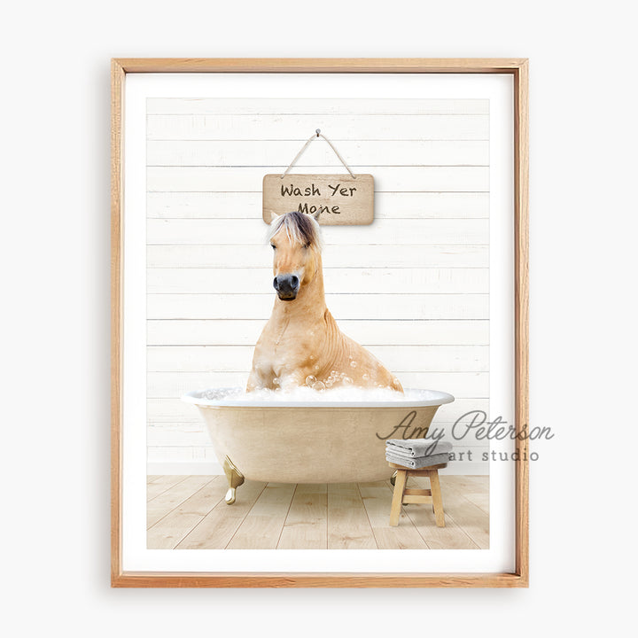 a dog sitting in a bathtub with a sign hanging above it