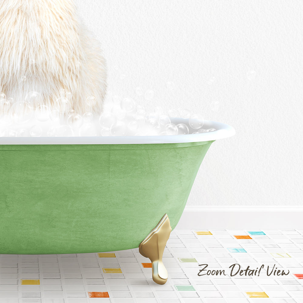A fluffy white cat is sitting in a green bathtub filled with bubbles, with a colorful tiled floor in the foreground.