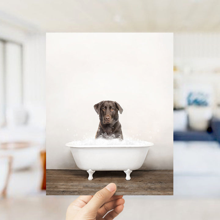 A brown dog sitting in a white bathtub filled with water, with a blurred background suggesting a bathroom setting.