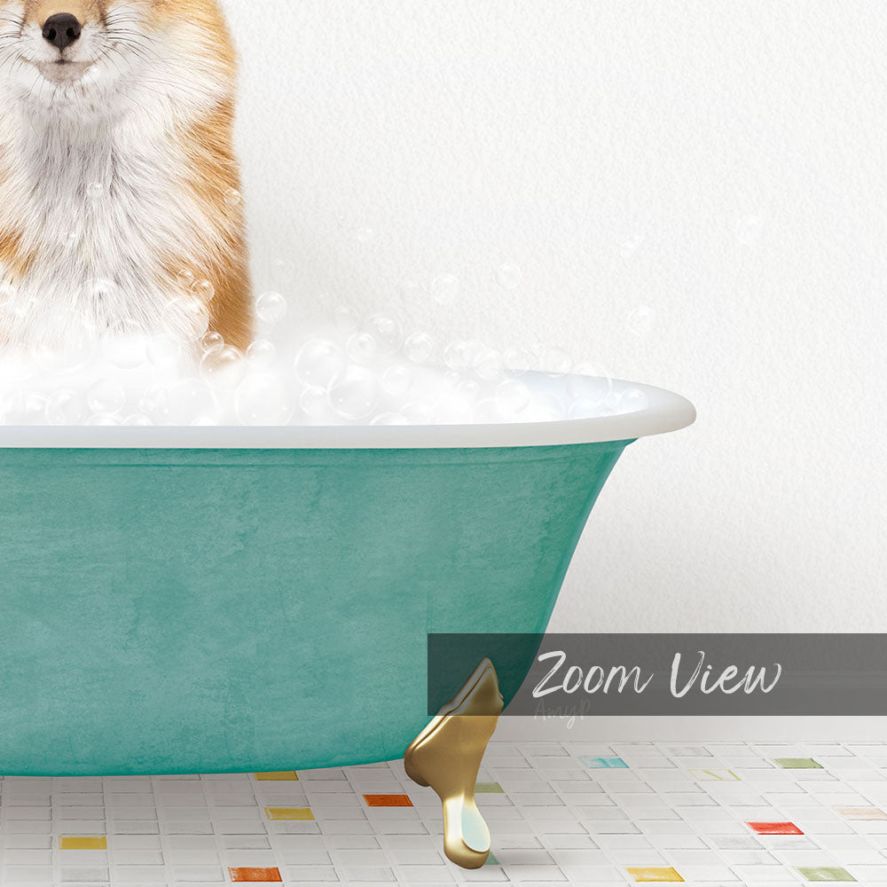 A fluffy dog is sitting in a green bathtub filled with bubbles, enjoying a bath.