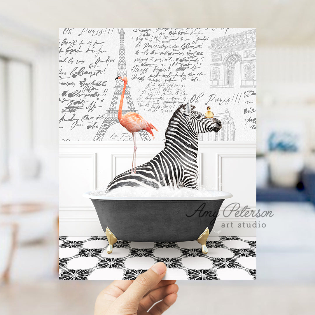 a person holding up a card with a zebra in a bathtub