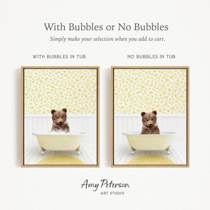 The image is a collage of two framed pictures, each featuring a teddy bear sitting in a bathtub. The text above the images reads "With Bubbles or No Bubbles" and below the images, it says "Simply make your selection when you add to cart."
