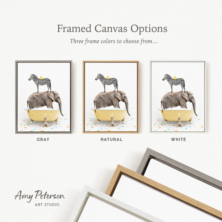 three framed canvas options featuring a zebra, elephant, and giraffe in bathtubs, with three different frame colors to choose from: gray, natural, and white.