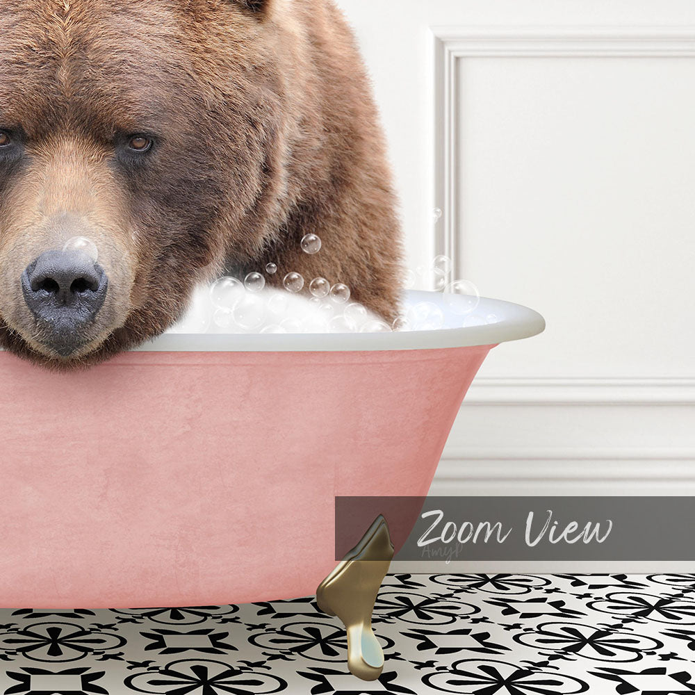 A brown bear is sitting in a pink bathtub filled with bubbles, with a "Zoom View" label visible in the bottom right corner.