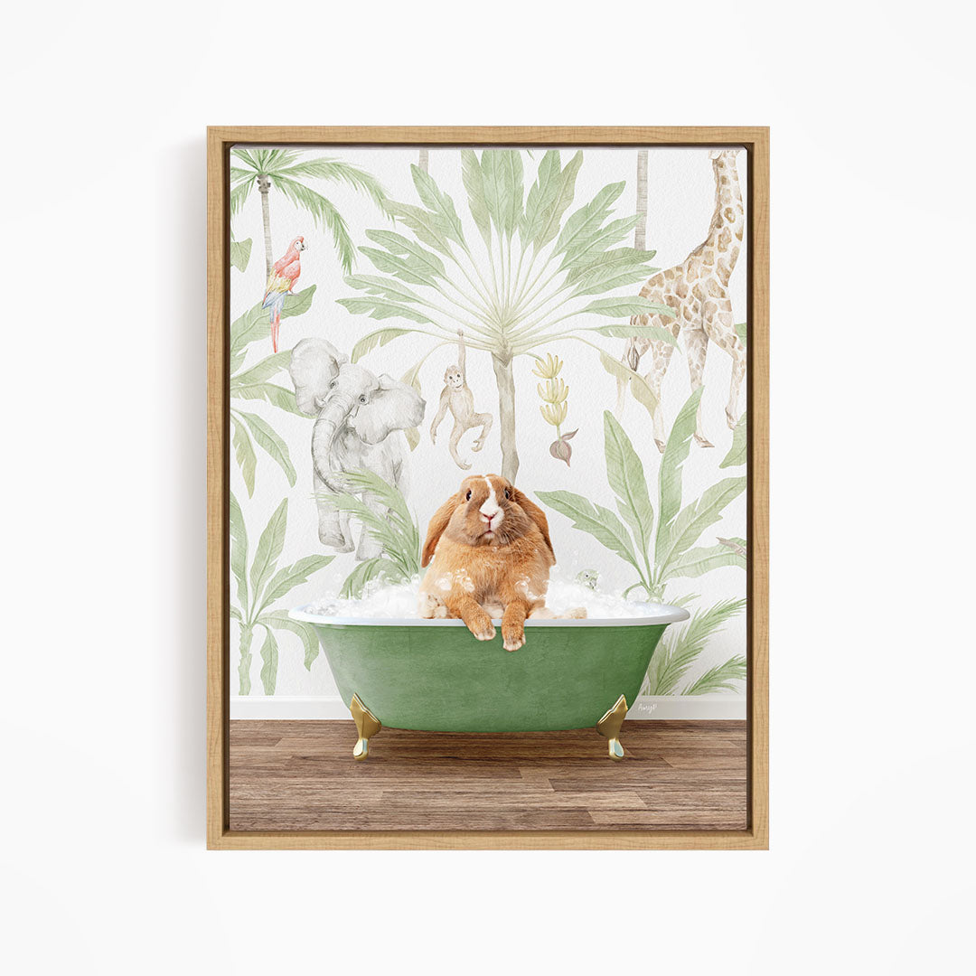 A rabbit sitting in a green bathtub filled with water, surrounded by various animals such as a giraffe, parrot, and elephant, all set against a tropical jungle backdrop.