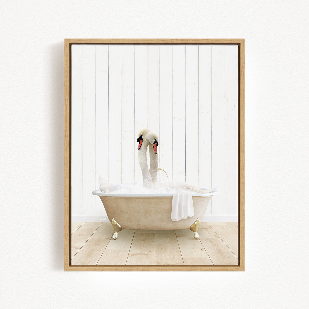 A white swan standing in a bathtub filled with bubbles, with its head and feet submerged in the water.