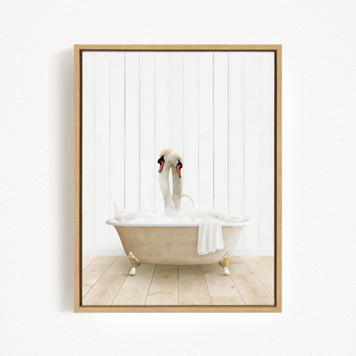 A white swan standing in a bathtub filled with bubbles, with its head and feet submerged in the water.