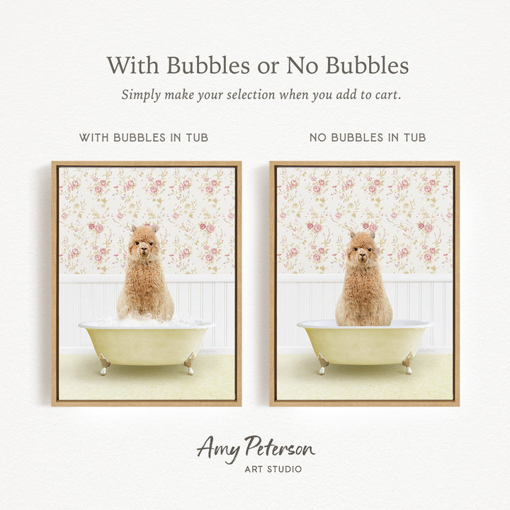 The image is a collage of two framed pictures, each featuring a small alpaca sitting in a bathtub. The alpaca is either sitting in a tub with bubbles or without bubbles, depending on the specific frame. The collage is titled "With Bubbles or No Bubbles" and is created by Amy Peterson from Art Studio.