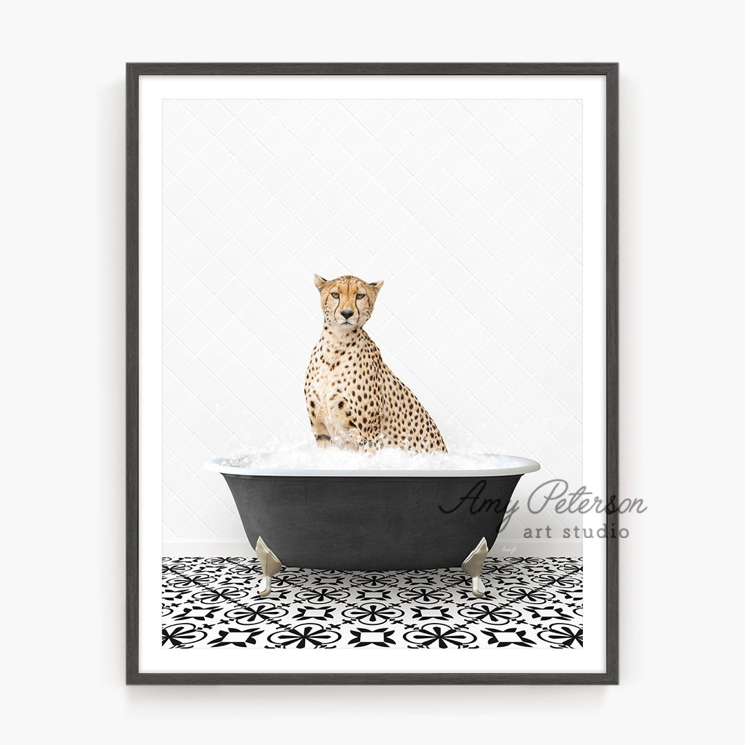 a picture of a cheetah sitting in a bathtub