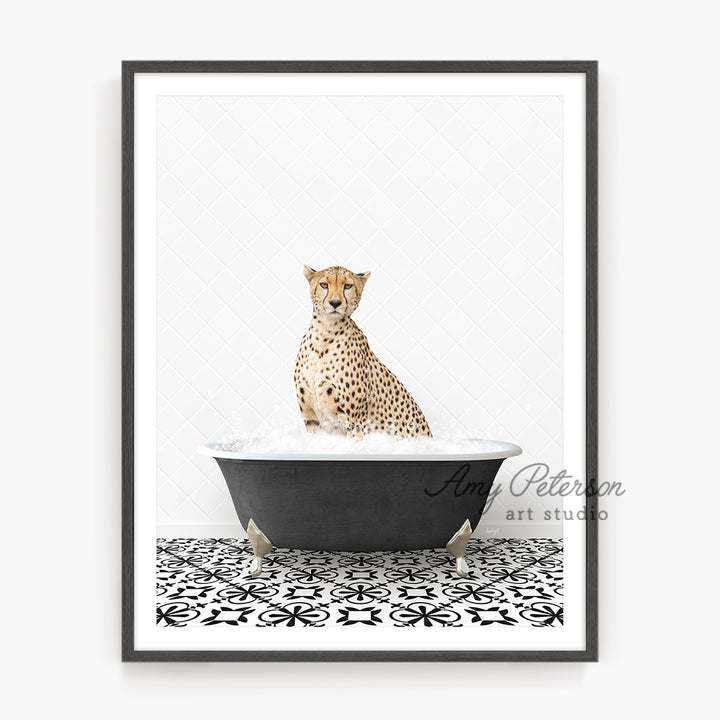 a picture of a cheetah sitting in a bathtub