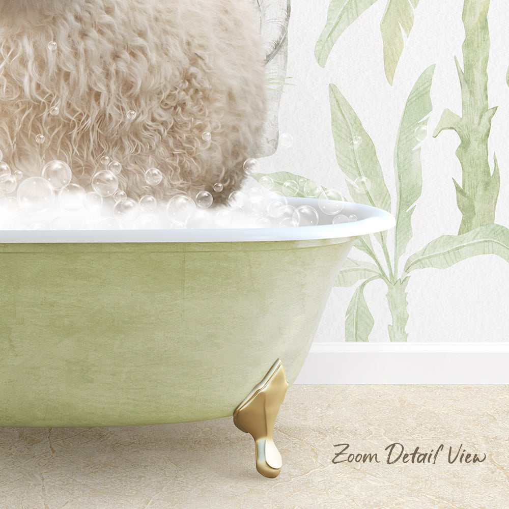 A fluffy white dog is sitting in a green bathtub filled with bubbles, with a green plant-patterned wallpaper in the background.