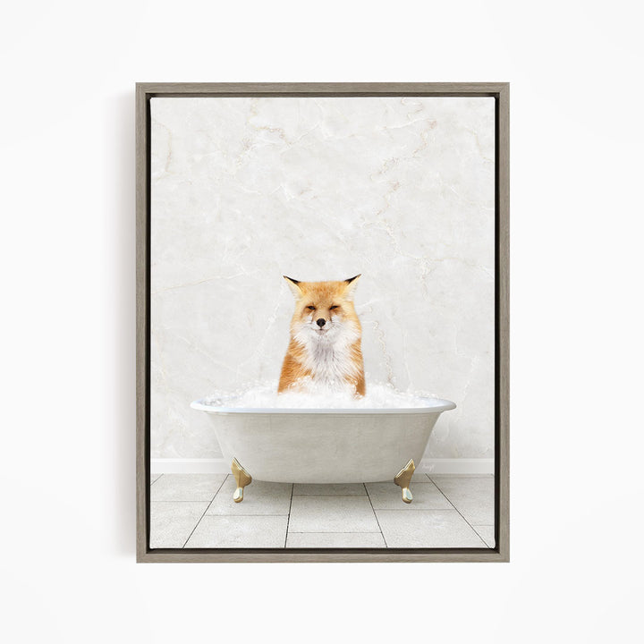A red fox sitting in a white bathtub filled with water, looking directly at the camera.