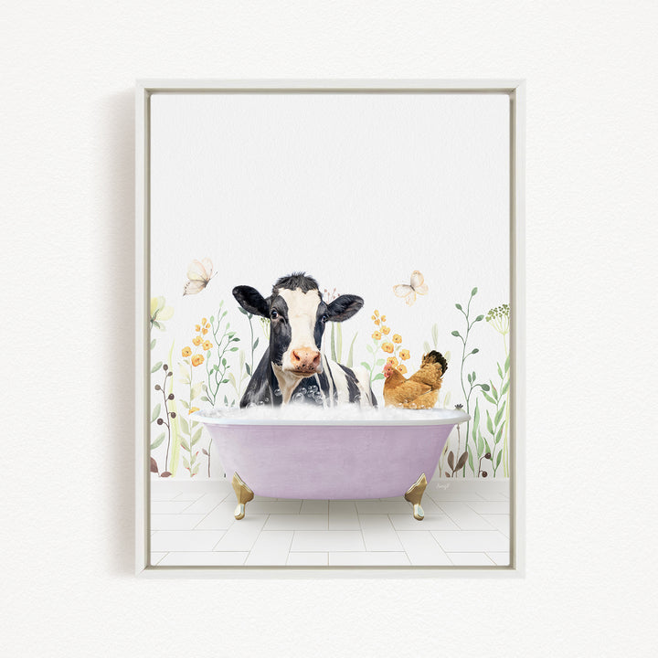A cow is sitting in a bathtub filled with water, surrounded by flowers and butterflies, creating a whimsical and playful scene.