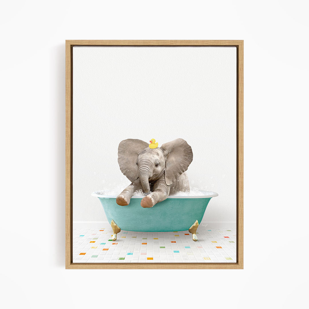 A baby elephant sitting in a blue bathtub, surrounded by colorful tiles on the floor.