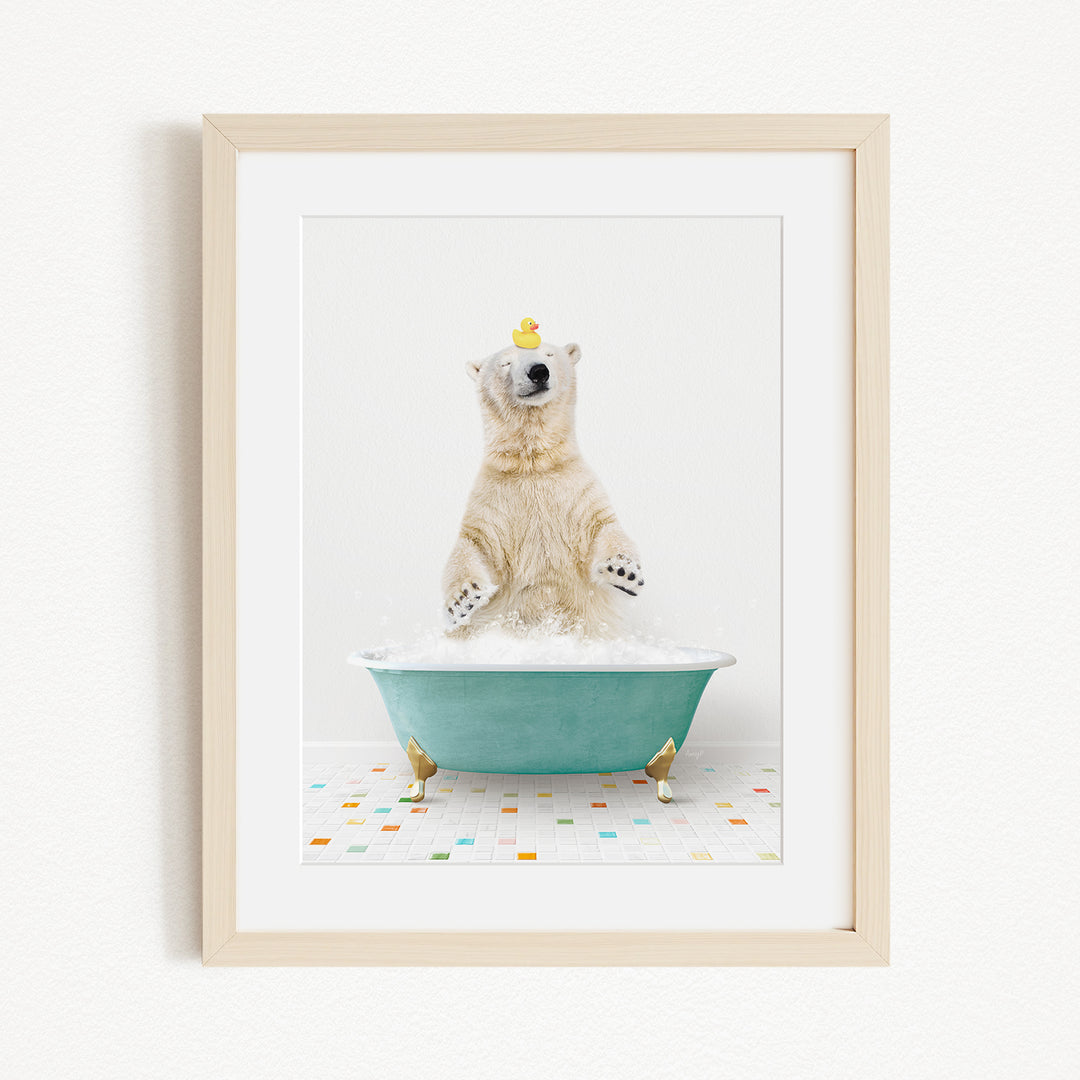 A polar bear standing in a bathtub filled with bubbles, with a yellow rubber duck floating on its head.