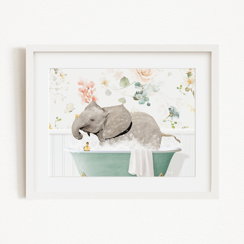 A gray elephant is sitting in a green bathtub filled with water, surrounded by a floral background.
