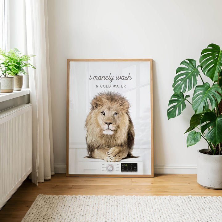 A framed poster of a lion is displayed on a wall in a room with a window, plants, and a rug.