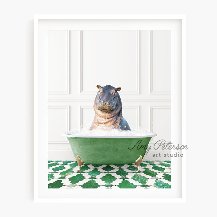 a hippo sitting in a green bath tub