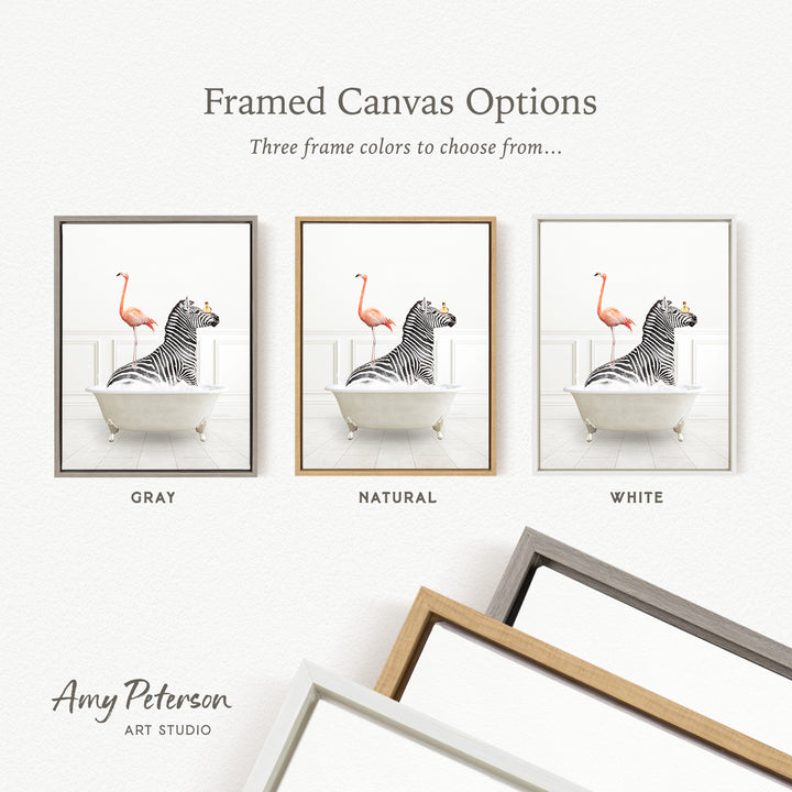 three framed canvas options, each featuring a zebra and a flamingo in a bathtub. The options include a gray frame, a natural frame, and a white frame.