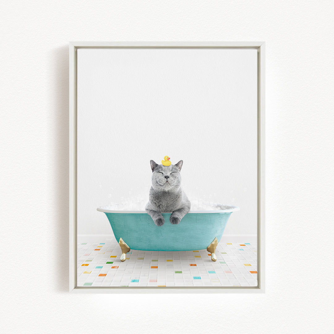 A gray cat sitting in a blue bathtub, with a rubber duck on its head, and a colorful tiled floor in the background.