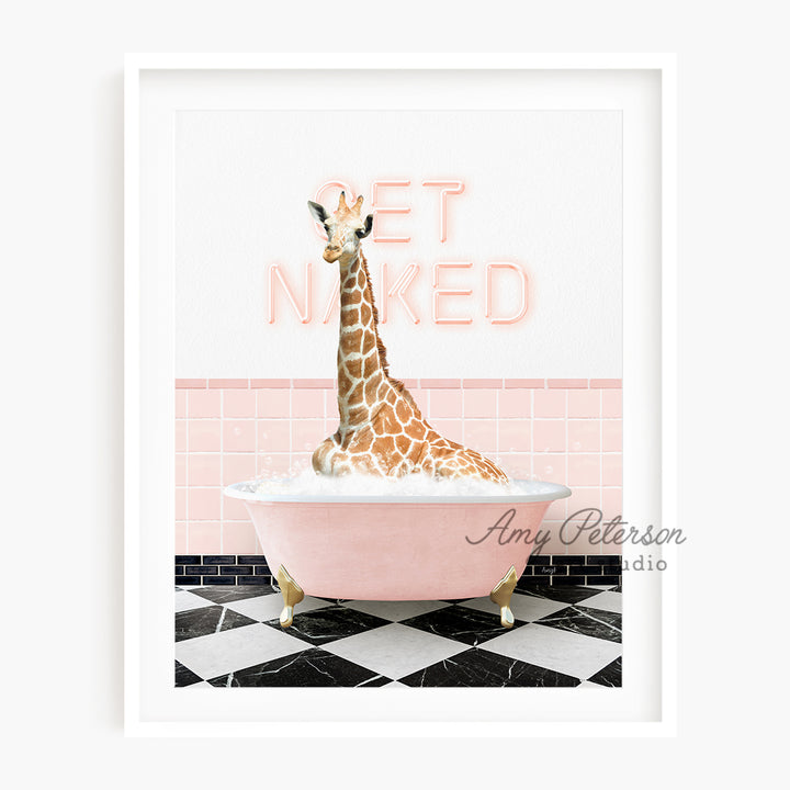 a giraffe sitting in a bathtub with the words get naked above it