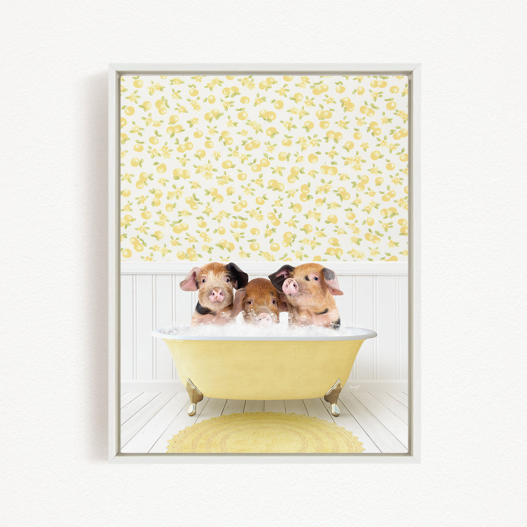 Three adorable pigs sitting in a yellow bathtub, surrounded by a yellow floral pattern on the wall behind them.