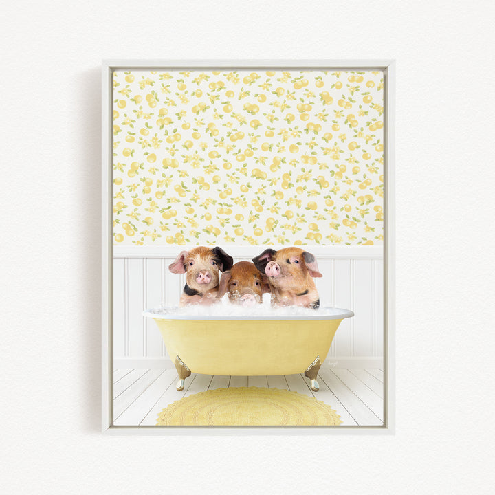 Three adorable pigs sitting in a yellow bathtub, surrounded by a yellow floral pattern on the wall behind them.