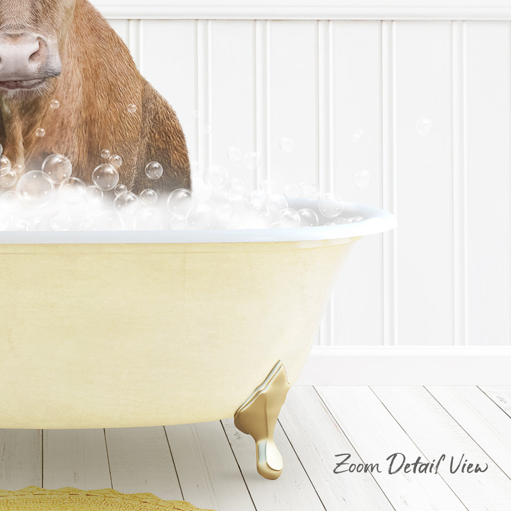 A brown dog is sitting in a yellow bathtub filled with bubbles, enjoying a bath.