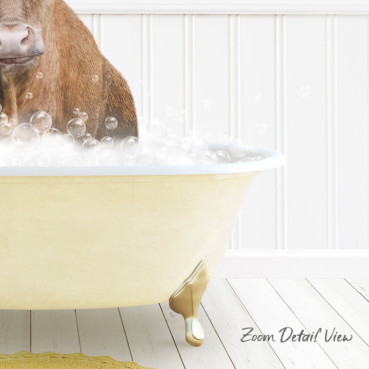 A brown dog is sitting in a yellow bathtub filled with bubbles, enjoying a bath.