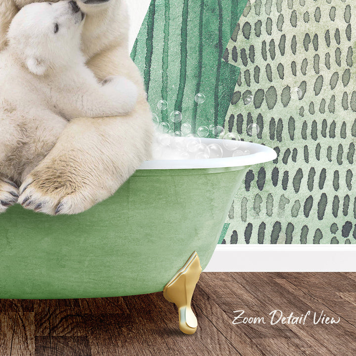 A polar bear cub sitting in a green bathtub, with bubbles surrounding it, against a patterned green and black background.