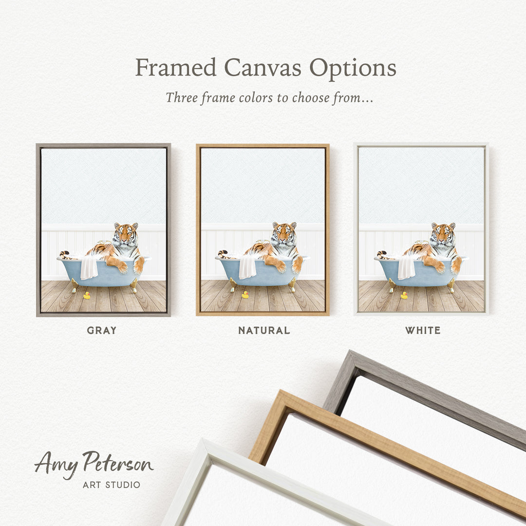 three framed canvas options, each featuring a tiger sitting in a bathtub. The options include a gray frame, a natural frame, and a white frame.