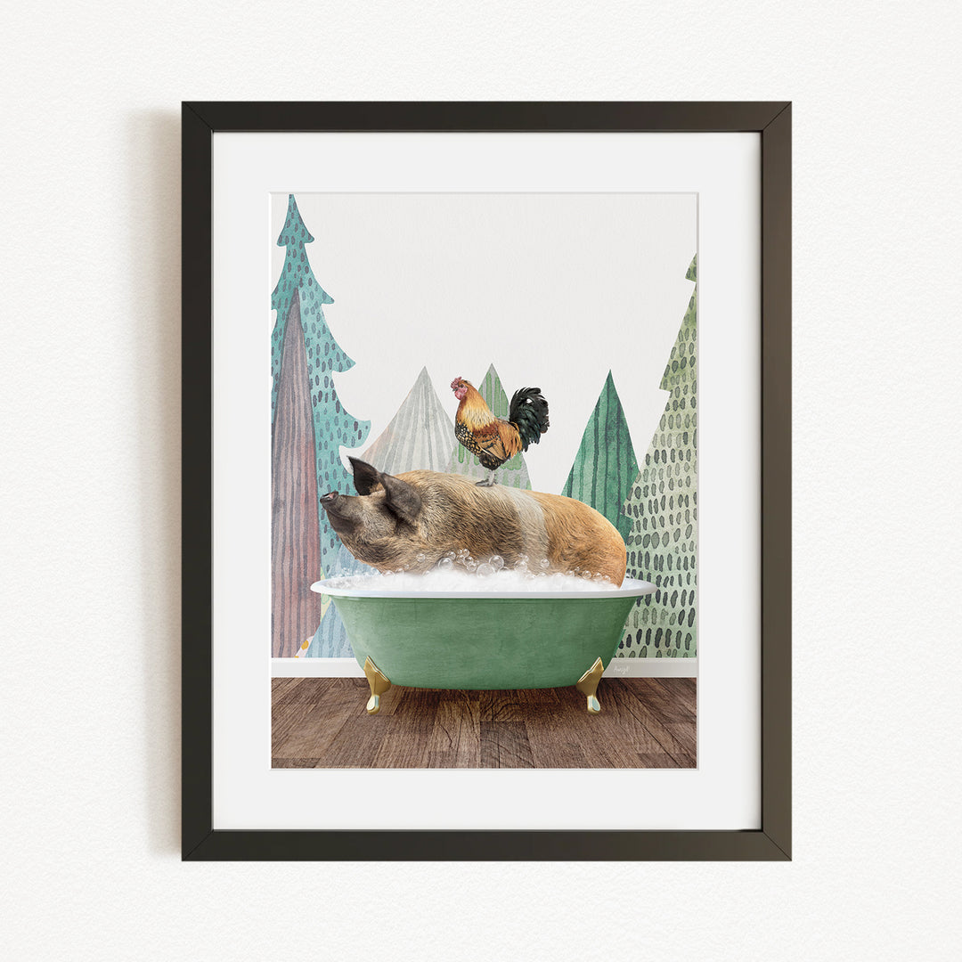 A pig is sitting in a green bathtub, surrounded by a rooster and pine trees in the background.