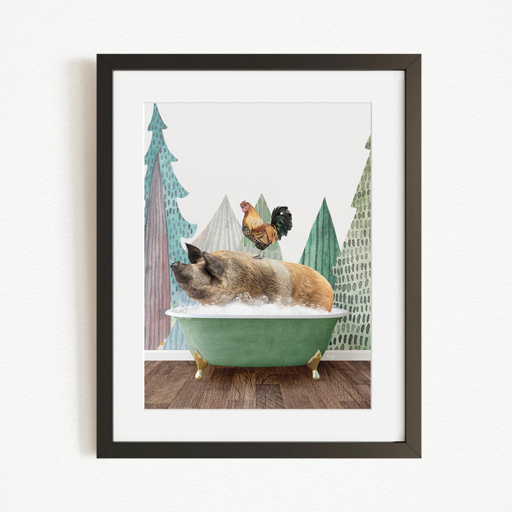A pig is sitting in a green bathtub, surrounded by a rooster and pine trees in the background.