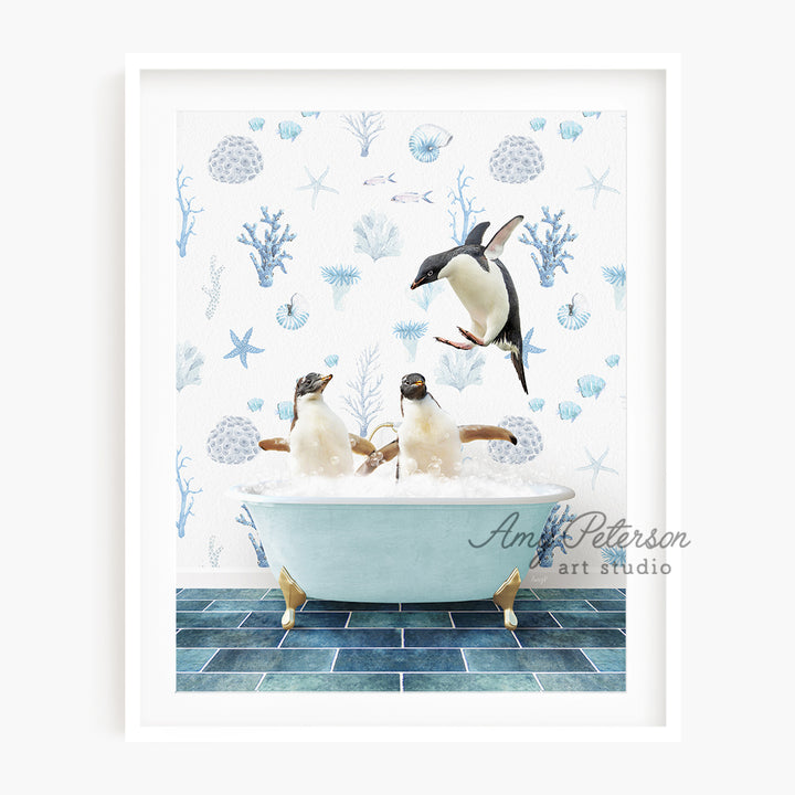 a picture of three penguins in a bathtub