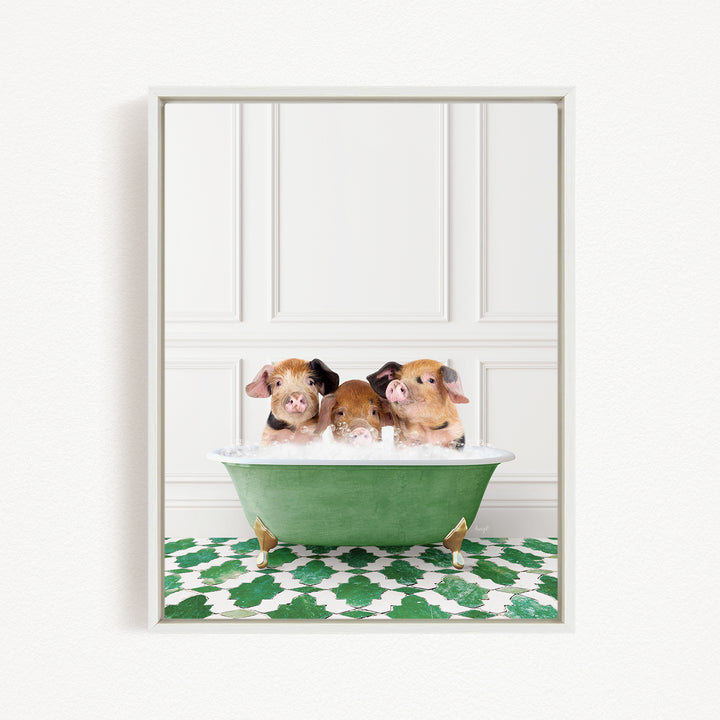 Three adorable pigs sitting in a green bathtub, enjoying a relaxing bath.