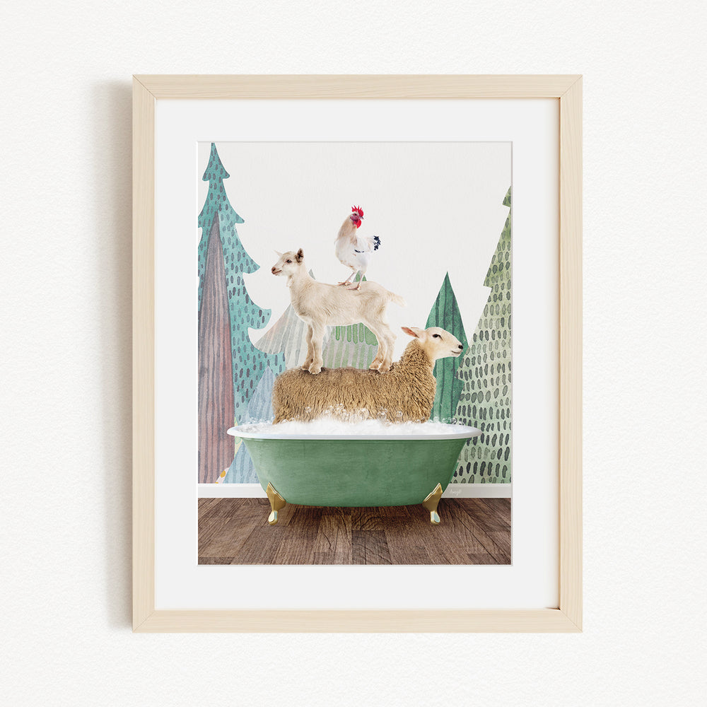 A framed image depicting a goat standing on a sheep's back while a rooster sits on a sheep's head, all atop a green bathtub.