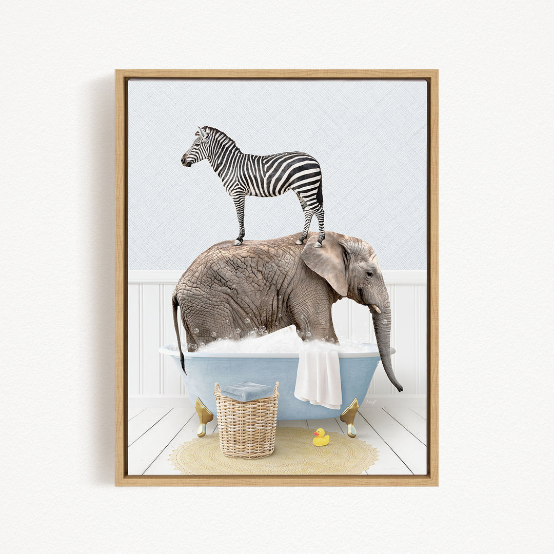 A zebra standing on the back of an elephant, both in a bathtub, with a basket of rubber ducks nearby.