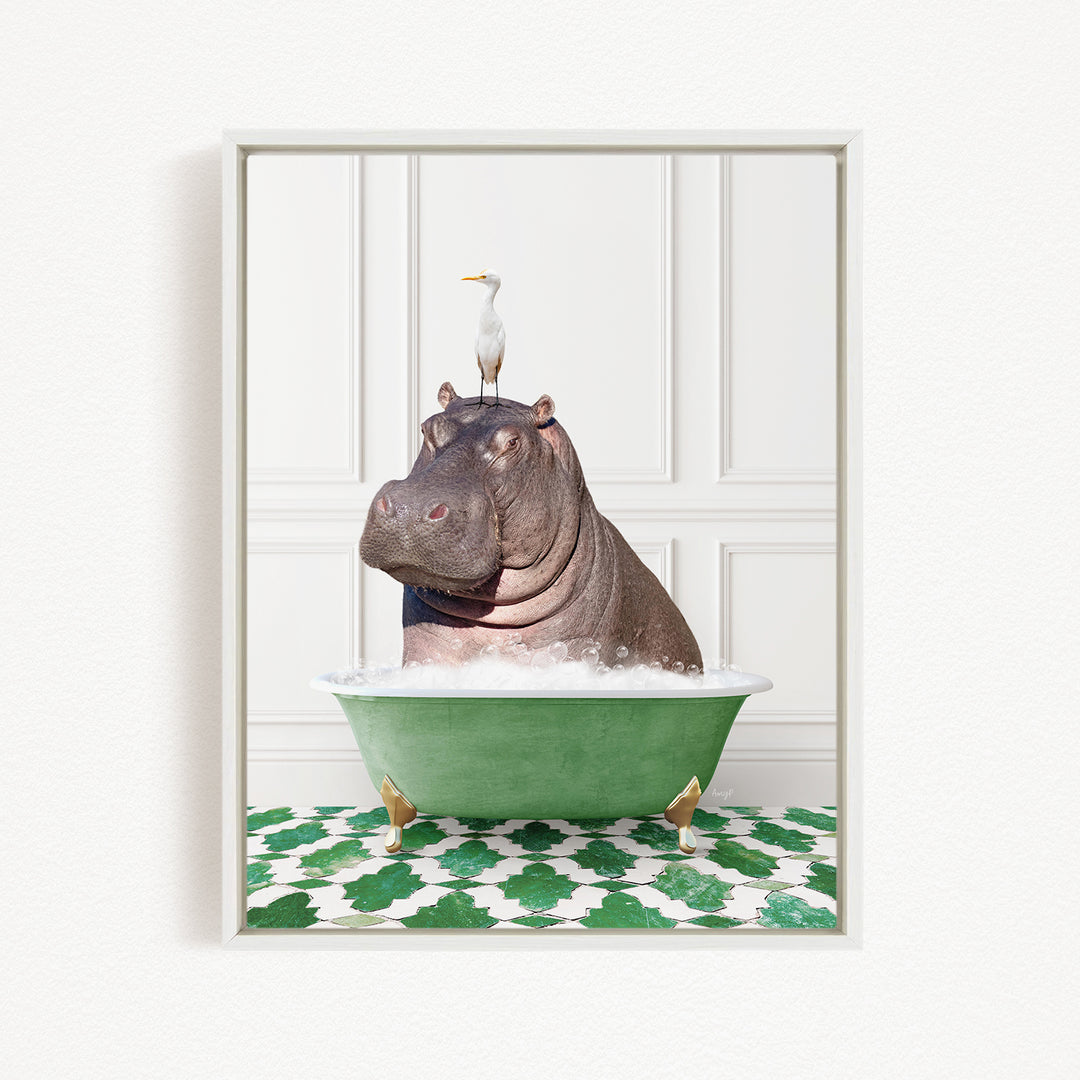 A large hippopotamus is sitting in a green bathtub, with a white bird perched on its head.