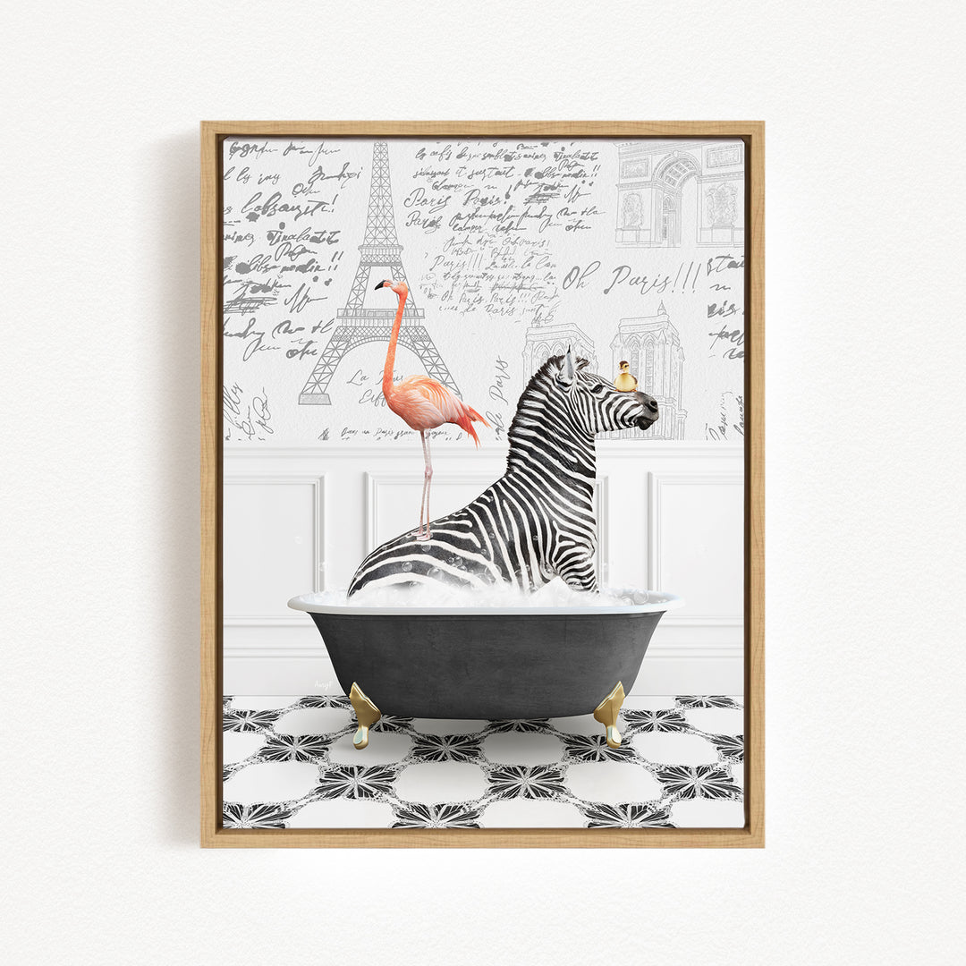 A zebra sitting in a bathtub, with a pink flamingo standing on its back, against a backdrop of the Eiffel Tower and other Parisian landmarks.