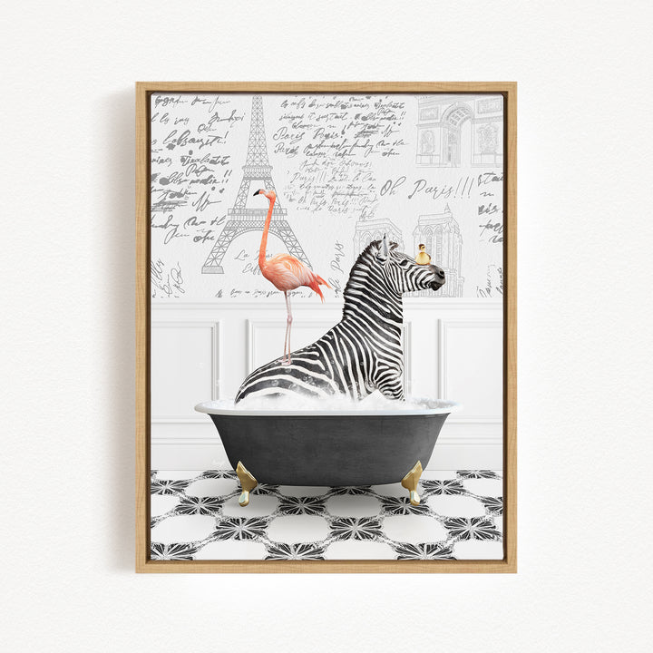 A zebra sitting in a bathtub, with a pink flamingo standing on its back, against a backdrop of the Eiffel Tower and other Parisian landmarks.