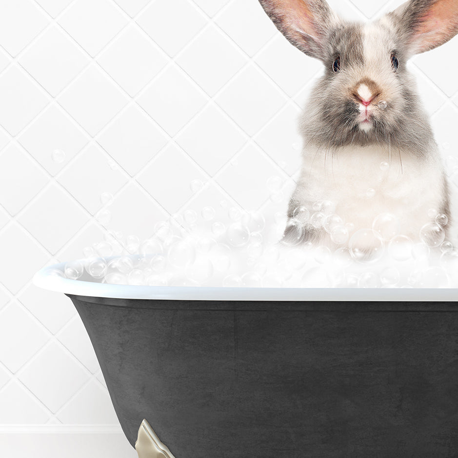 a rabbit is sitting in a bathtub with foam