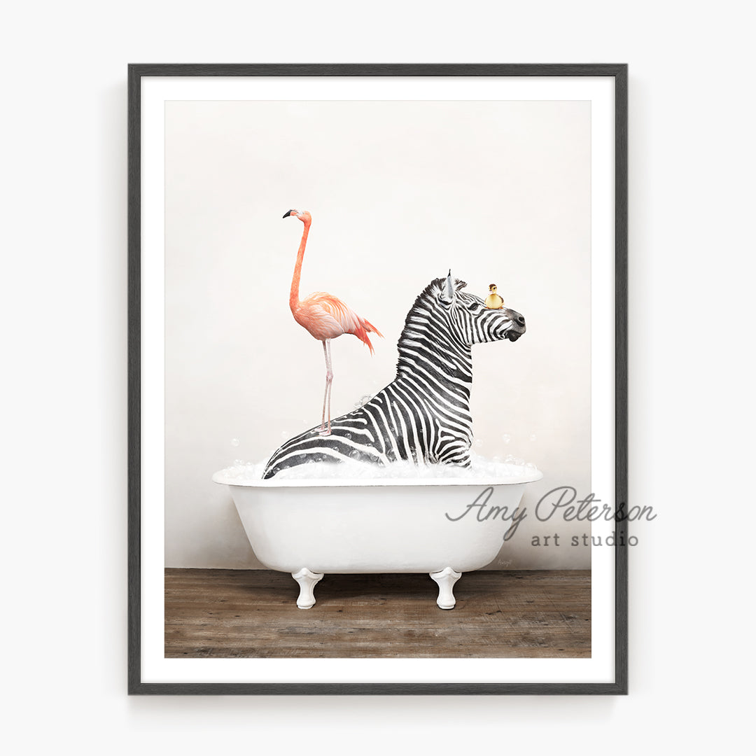 a picture of a zebra and a flamingo in a bathtub