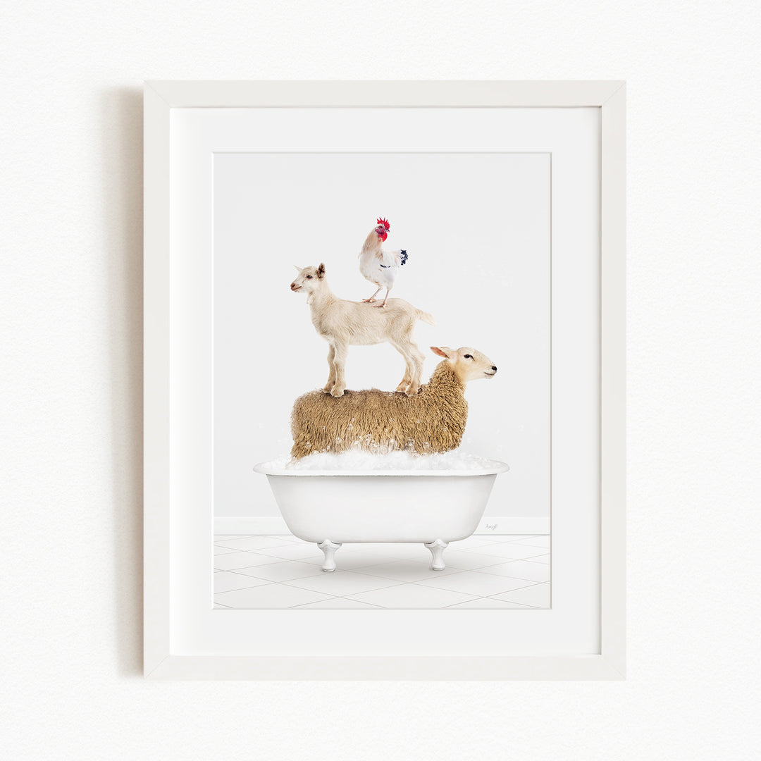 A framed image depicting a goat standing on top of a sheep in a bathtub, with a rooster perched on the sheep's back.